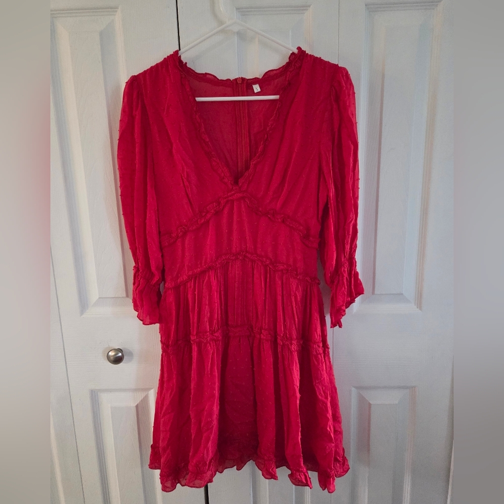 Womens Bright Red Sheer Long Sleeve Dress W/ V-neck, Small Dot Design Size SM